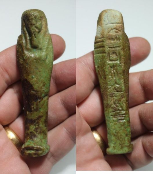 Picture of INSCRIBED WITH HIEROGLYPHS :  ANCIENT EGYPT. 26TH DYNASTY. FAIENCE USHABTI. 600 - 300 B.C