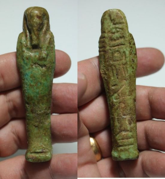 Picture of INSCRIBED WITH HIEROGLYPHS :  ANCIENT EGYPT. 26TH DYNASTY. FAIENCE USHABTI. 600 - 300 B.C