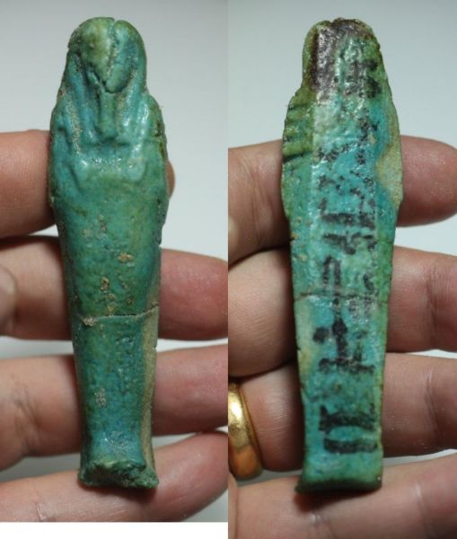 Picture of INSCRIBED WITH HIEROGLYPHS :  ANCIENT EGYPT. 26TH DYNASTY. FAIENCE USHABTI. 600 - 300 B.C