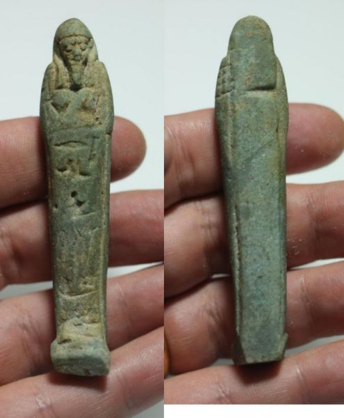 Picture of INSCRIBED WITH HIEROGLYPHS :  ANCIENT EGYPT. 26TH DYNASTY. FAIENCE USHABTI. 600 - 300 B.C