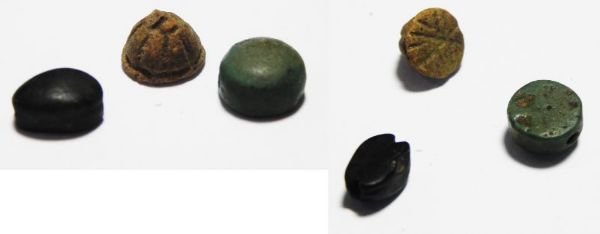 Picture of ANCIENT EGYPT, NEW KINGDOM LOT OF 3 SCARABS. 1400 - 1200 B.C. 1 FAIENCE, 1 STONE & 1 GLASS