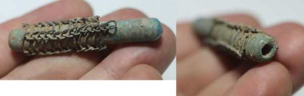 Picture of ANCIENT BYZANTINE GLASS TUBE, DECORATED WITH BRAIDED SILVER STRING. 800 - 1000 A.D