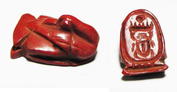 Picture of ANCIENT EGYPT, NEW KINGDOM. RED JASPER DUCK AMULET WITH THUTMOSE III CARTOUCHE. 1479 - 1425 B.C