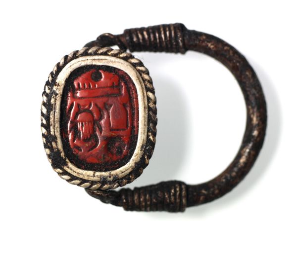 Picture of ANCIENT EGYPT.  NEW KINGDOM SILVER SWIVEL RING WITH RED JASPER SCARAB. 1250 B.C