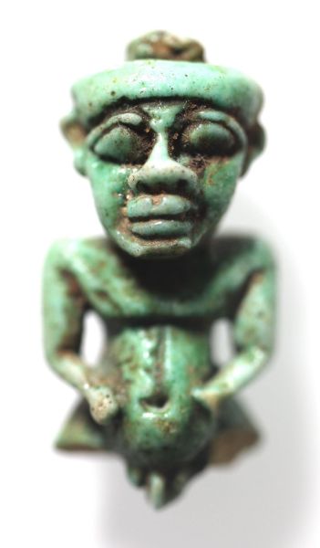 Picture of ANCIENT EGYPT.  FAIENCE POTAIKOS AMULET. 600 - 300 B.C. DAMAGED AS SHOWN