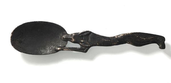 Picture of ANCIENT EGYPT. RARE SOLID SILVER COSMETIC SPOON. 1250 B.C. JACKAL (ANUBIS) SHAPED HANDLE