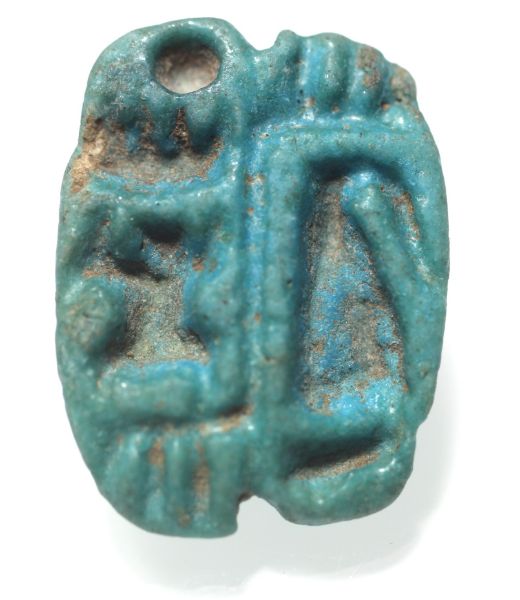 Picture of ANCIENT EGYPT.  FAIENCE SCARBOID. THUTMOSES III'S NAME.  1400 - 1200  B.C  NEW KINGDOM