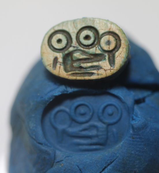 Picture of ANCIENT EGYPT.  GLAZED STONE SCARAB ANUBIS. CIRCULAR DESIGNS 1400 - 1200  B.C  NEW KINGDOM