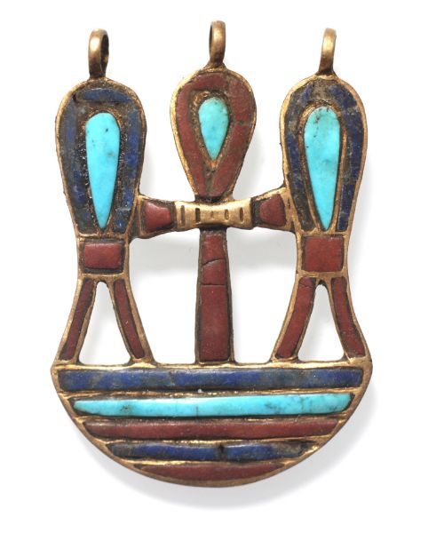 Picture of ANCIENT EGYPT.  GOLD ANKH AMULET. INLAID WITH STONES.  1400 - 1200  B.C